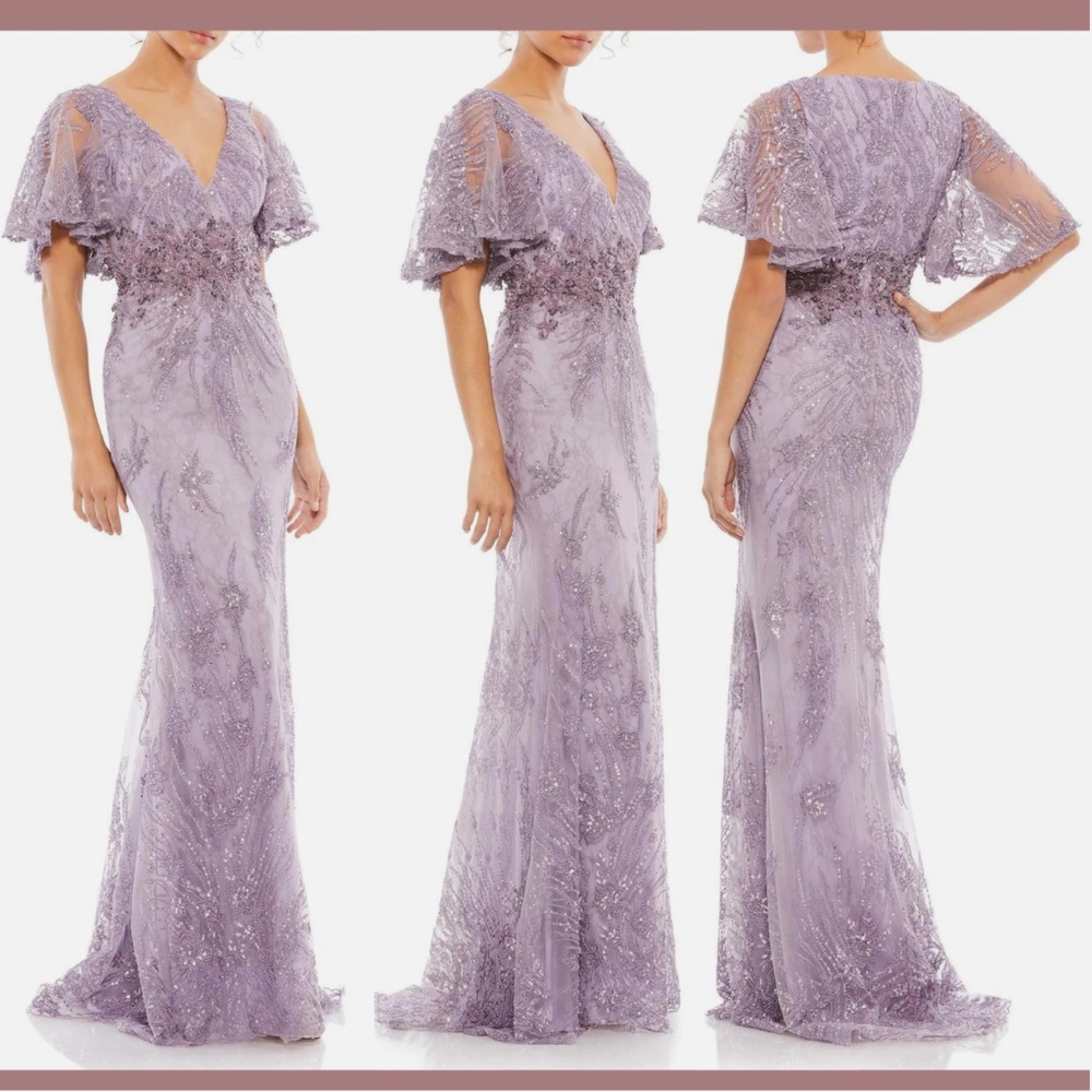 NWT $798 Mac Duggal [ 16 ] Flutter Embellished Lace Gown Vintage Liliac #G1282‎